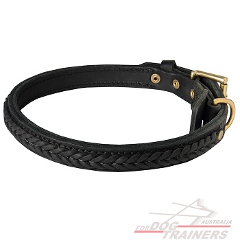 Leather dog collar with braids decoration