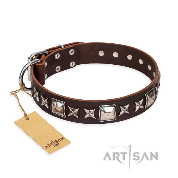 Handy use dog collar of finest quality full grain natural leather with embellishments