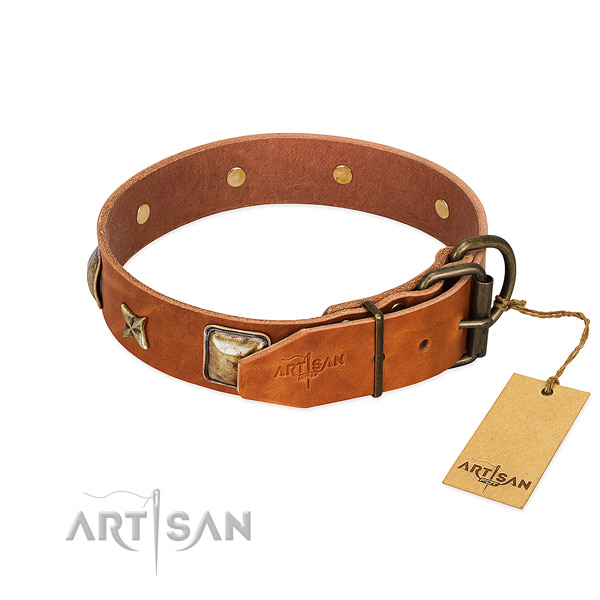 Natural genuine leather dog collar with rust-proof hardware and adornments