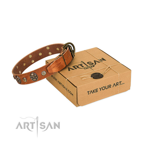 Rust resistant traditional buckle on natural genuine leather dog collar for comfy wearing