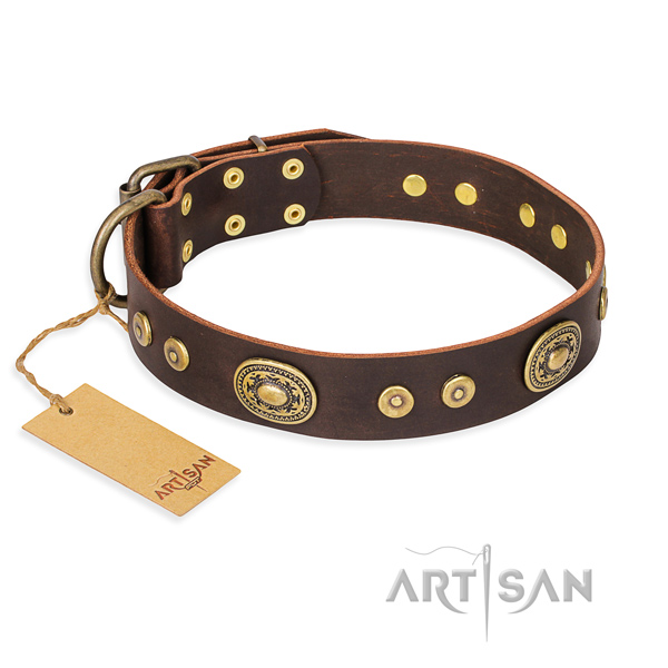 Natural genuine leather dog collar made of best quality material with reliable fittings