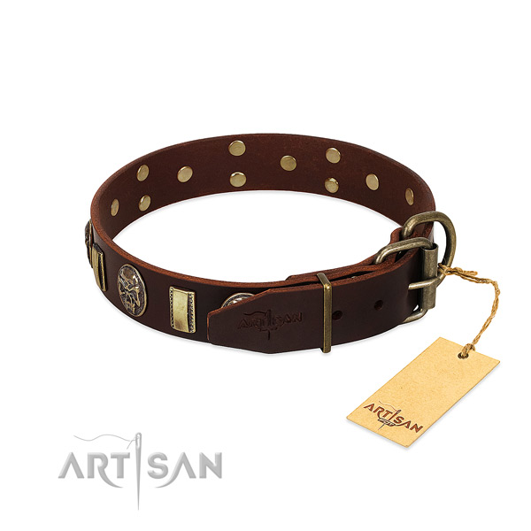 Full grain natural leather dog collar with corrosion proof D-ring and studs