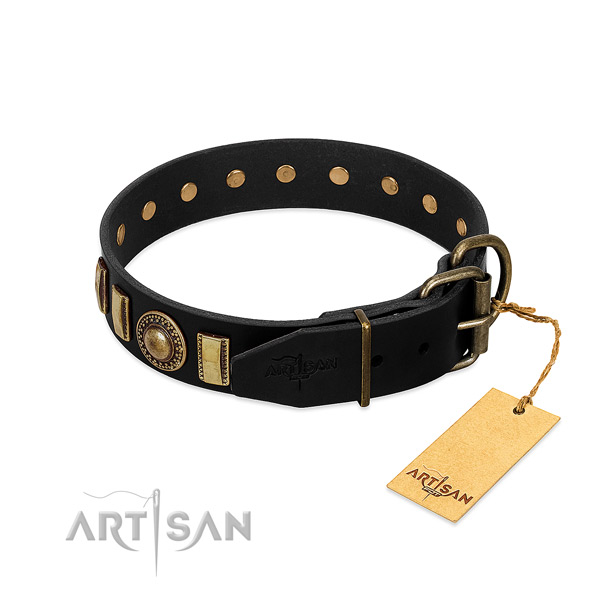 Soft genuine leather dog collar with adornments