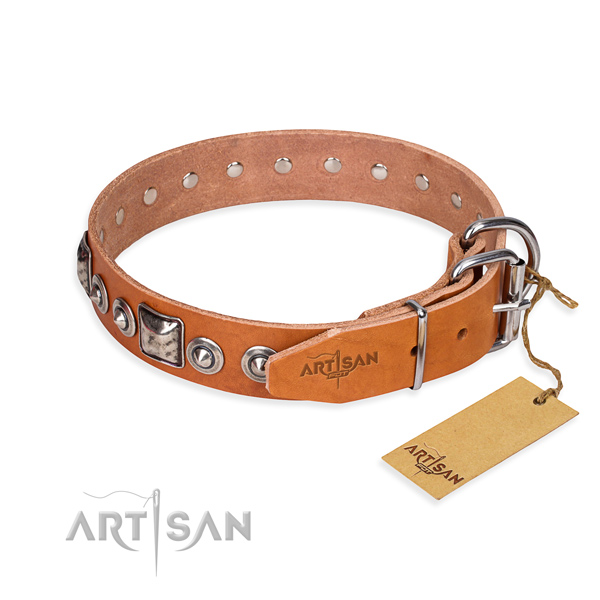Leather dog collar made of gentle to touch material with corrosion proof adornments