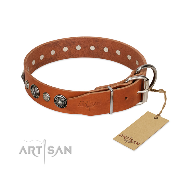Strong natural leather dog collar with rust resistant fittings