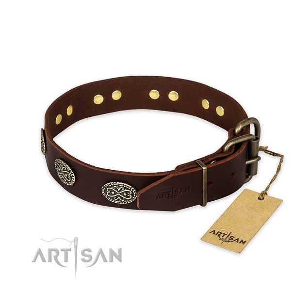 Rust resistant fittings on full grain natural leather collar for your attractive doggie