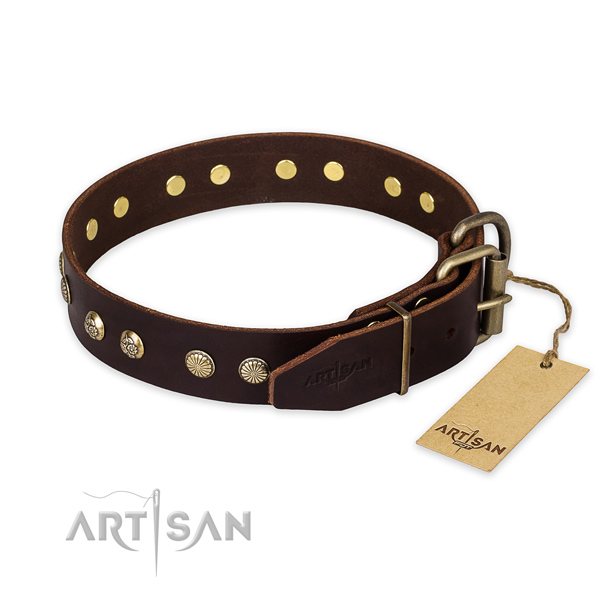 Reliable buckle on natural genuine leather collar for your impressive four-legged friend