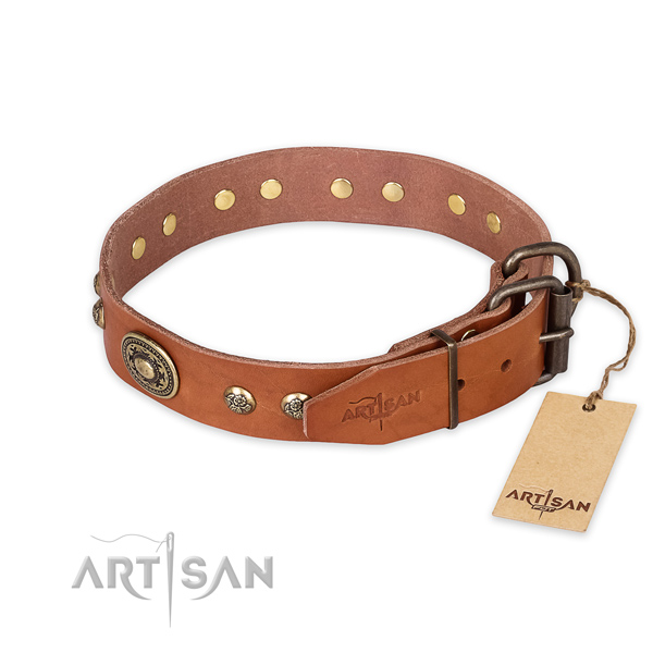 Rust-proof fittings on genuine leather collar for walking your doggie