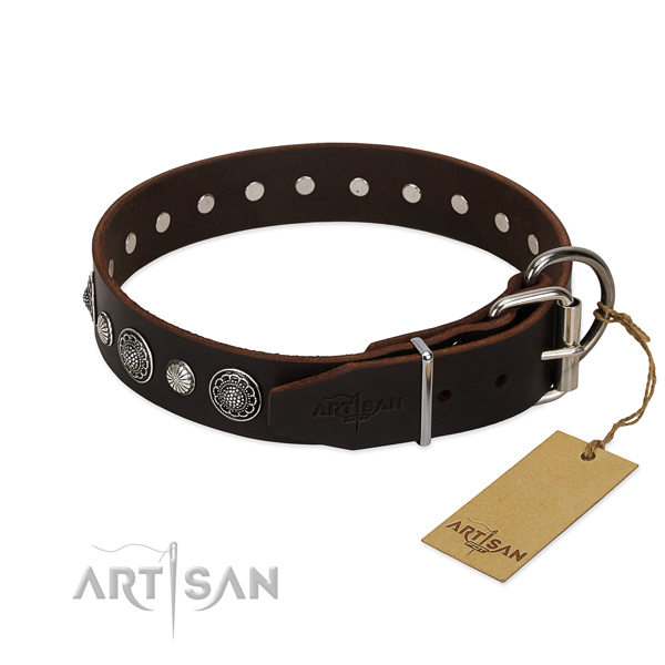 Flexible natural leather dog collar with rust resistant D-ring