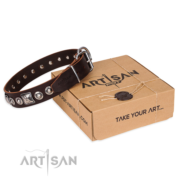 Full grain genuine leather dog collar made of gentle to touch material with strong buckle