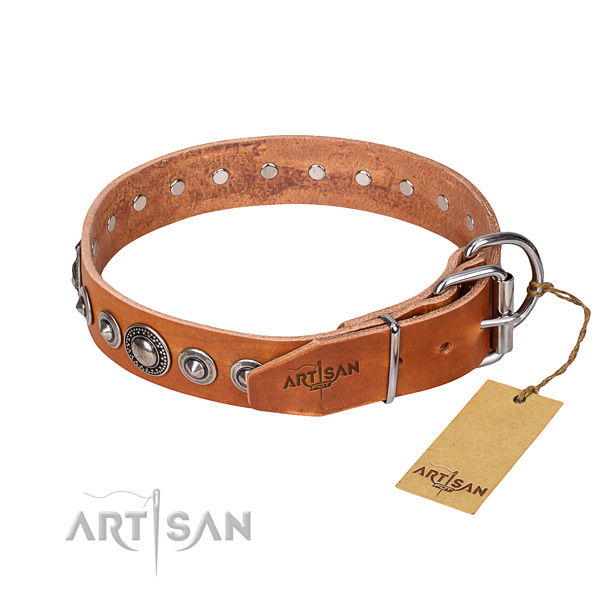 Genuine leather dog collar made of soft material with strong studs