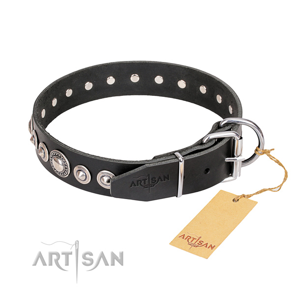 Durable adorned dog collar of full grain leather