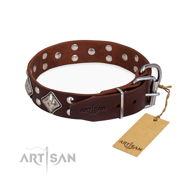 Full grain natural leather dog collar with fashionable reliable decorations