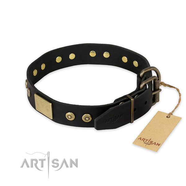 Rust-proof D-ring on full grain leather collar for fancy walking your doggie
