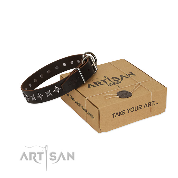 Handy use dog collar of fine quality full grain natural leather with decorations