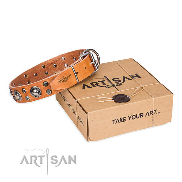 Easy wearing dog collar of fine quality genuine leather with decorations
