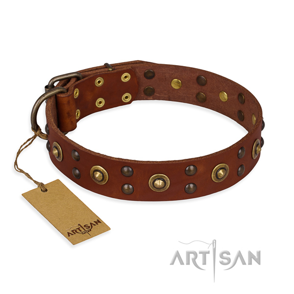 Fashionable genuine leather dog collar with rust-proof hardware