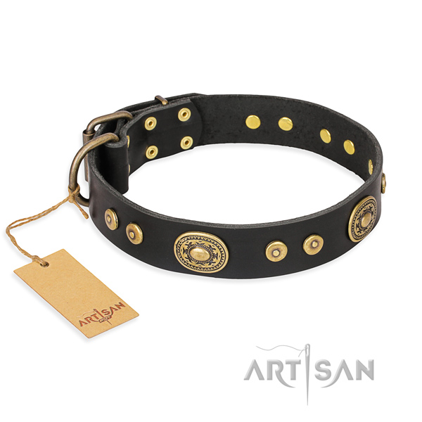 Leather dog collar made of soft to touch material with rust-proof buckle