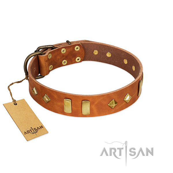 Everyday use gentle to touch full grain genuine leather dog collar with studs